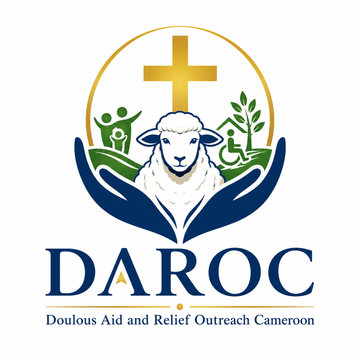 DAROC logo — cross, lamb, open hands and organization name